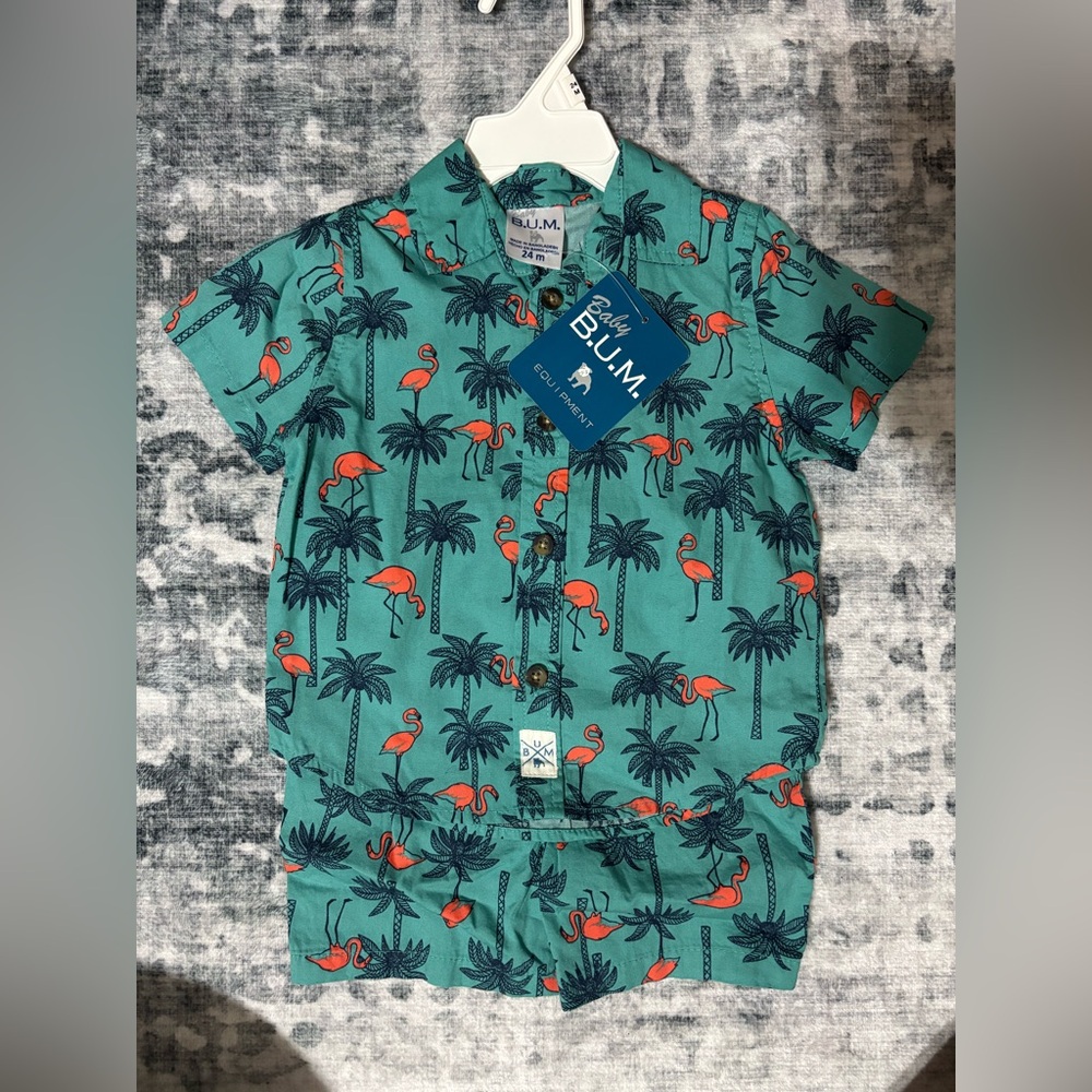 Kids Flamingo Print Button Down Shirt - Teal